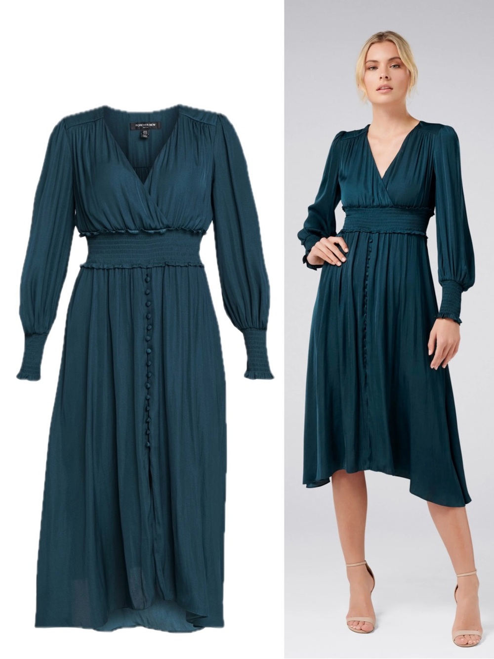 Forever New Teal Satin Midi Dress Size 12 Smocked Waist Long Sleeve Button Front